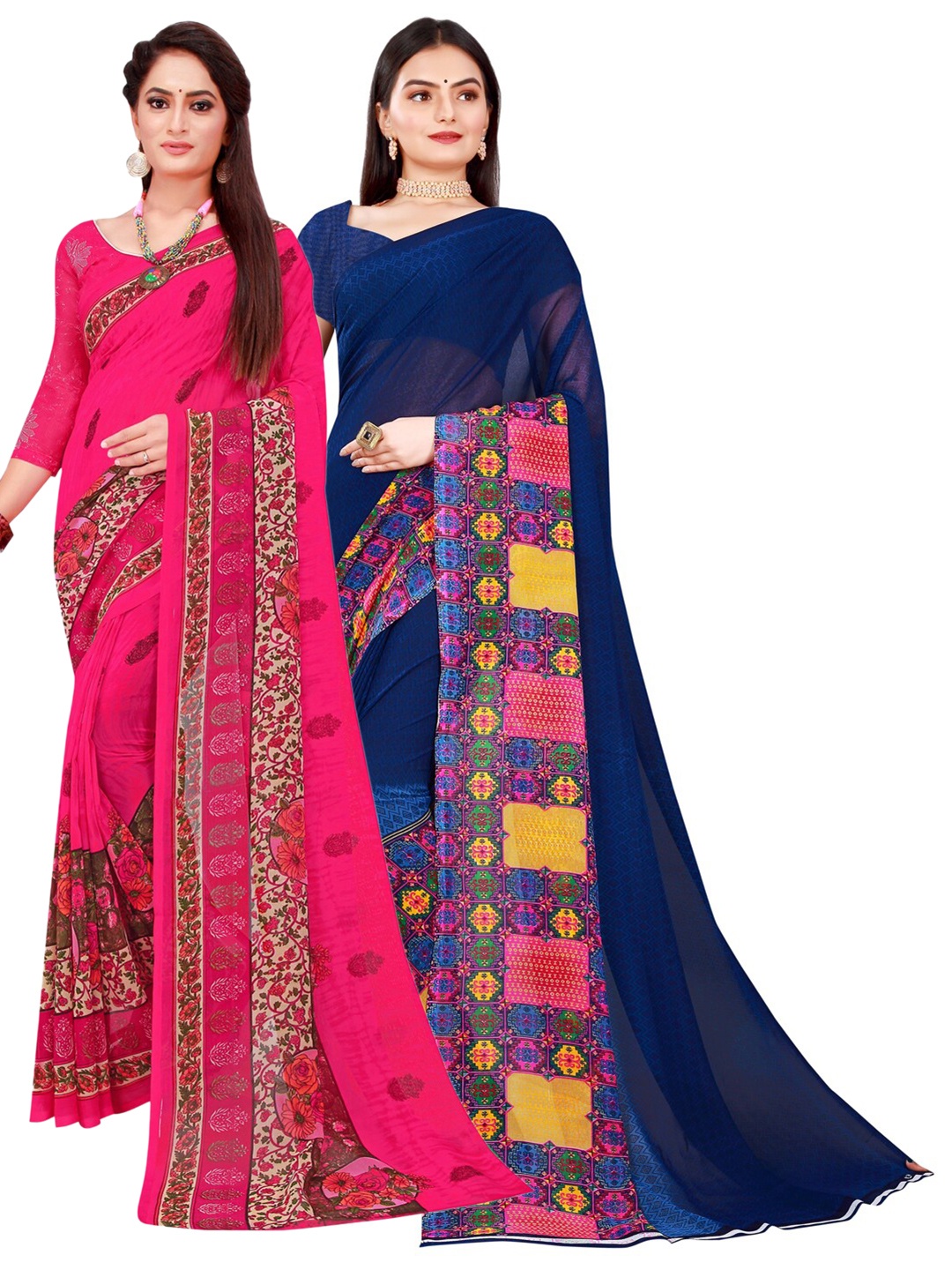 

SAADHVI Magenta & Navy Blue Printed Pure Georgette Saree Pack Of 2