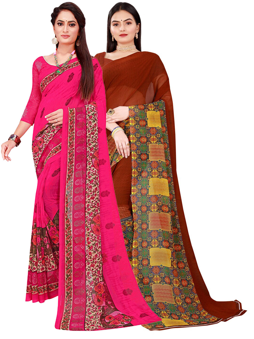 

SAADHVI Magenta & Maroon Set of 2 Floral Printed Georgette Saree