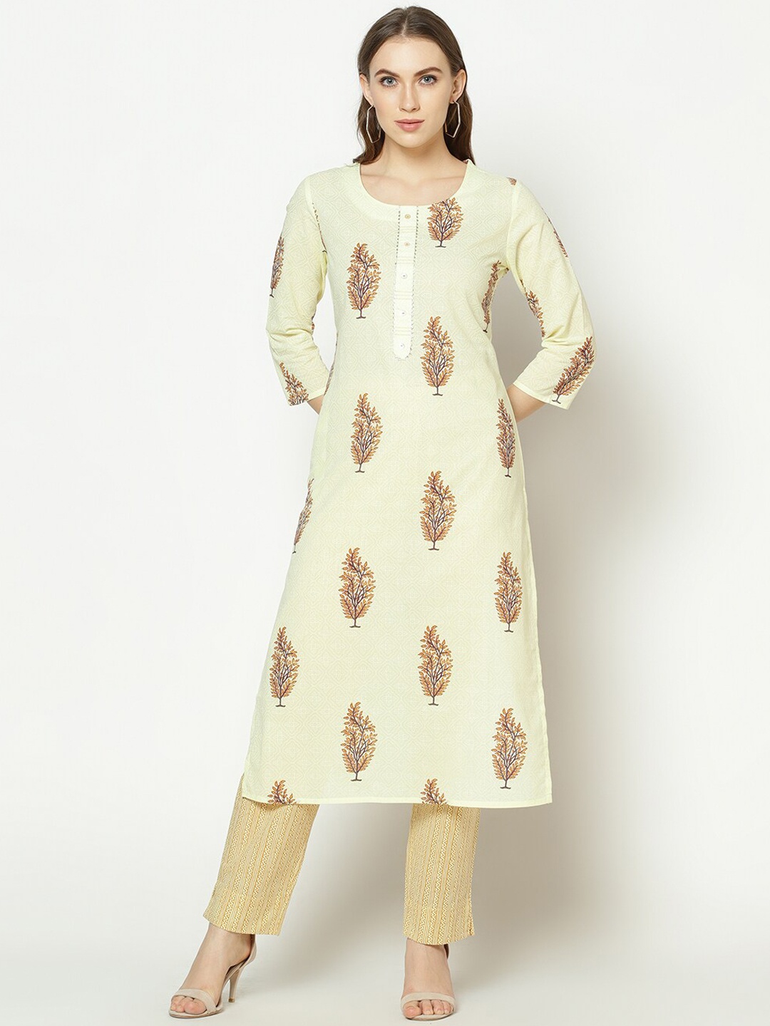 

ZNX Clothing Women Yellow Printed Pure Cotton Kurta With Trousers