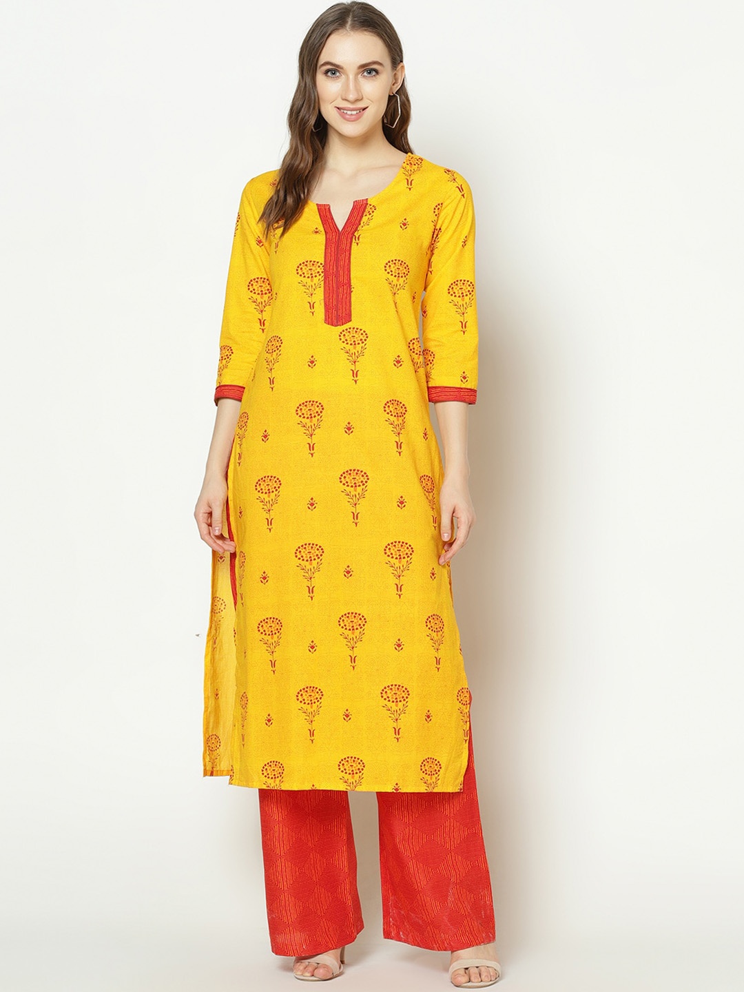 

ZNX Clothing Women Yellow Floral Printed Pure Cotton Kurta with Palazzos