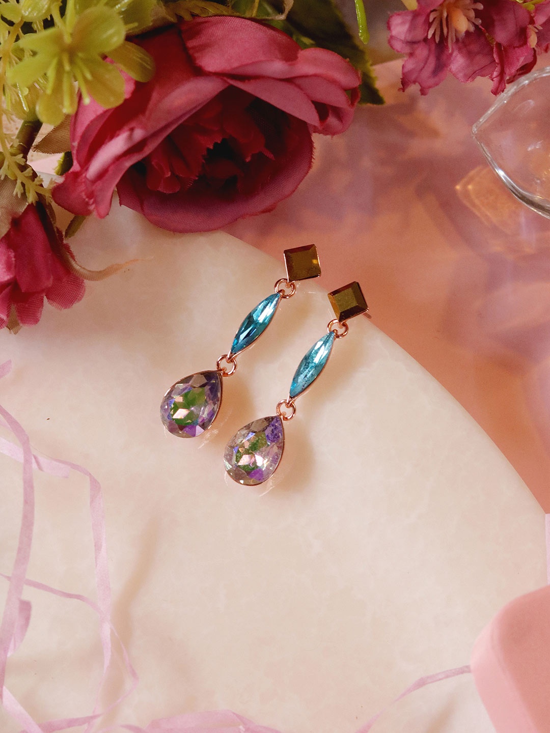 

Ishhaara Blue Geometric 3-Tiered Drop Earrings