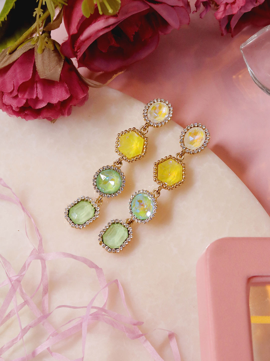 

Ishhaara Green Geometric 4-Tiered Earrings