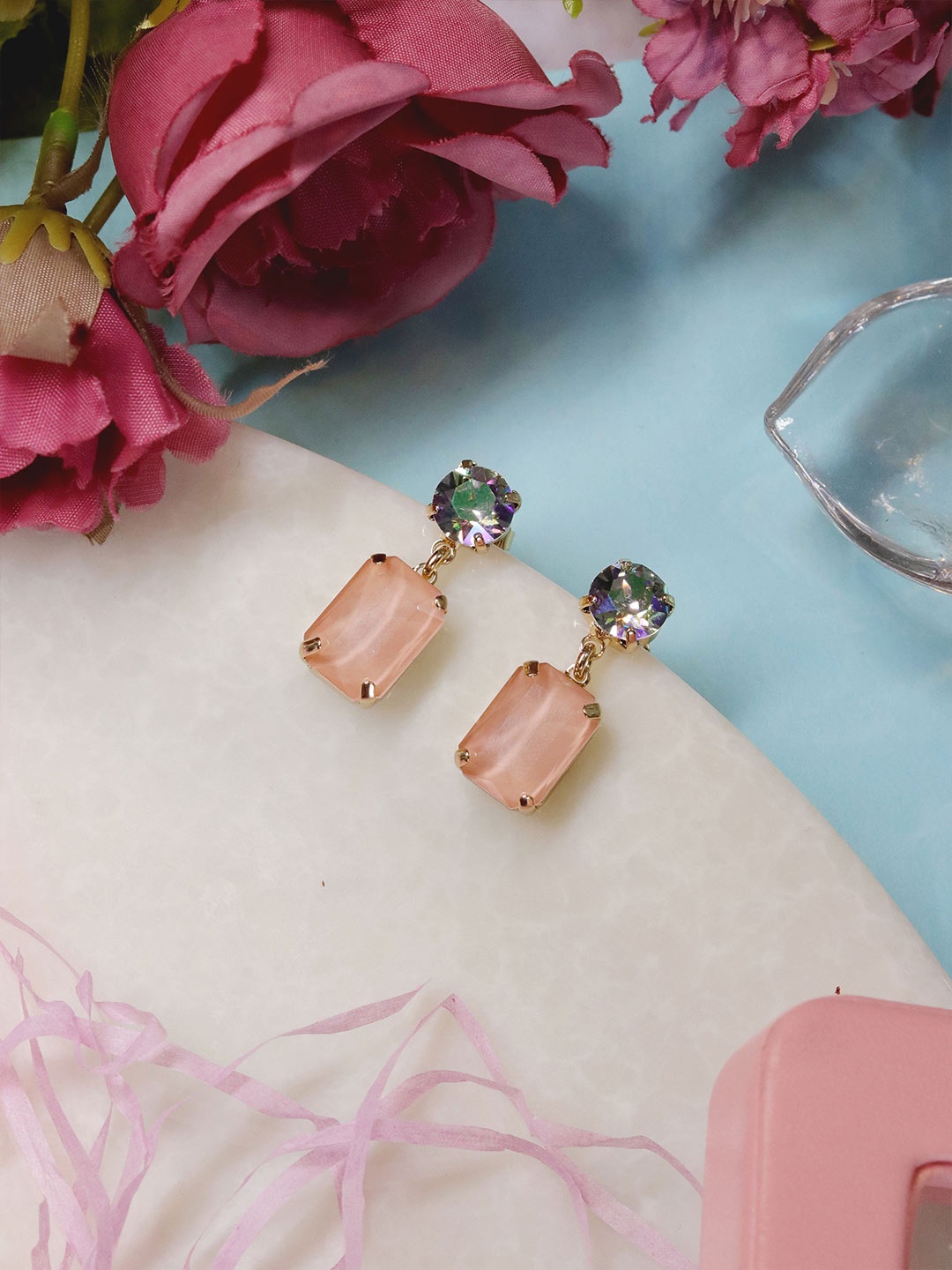 

Ishhaara Pink Irridescent Square Drop Earrings