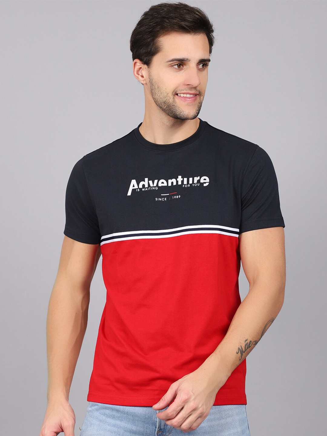 

Cantabil Men Red & Black Colourblocked T-shirt