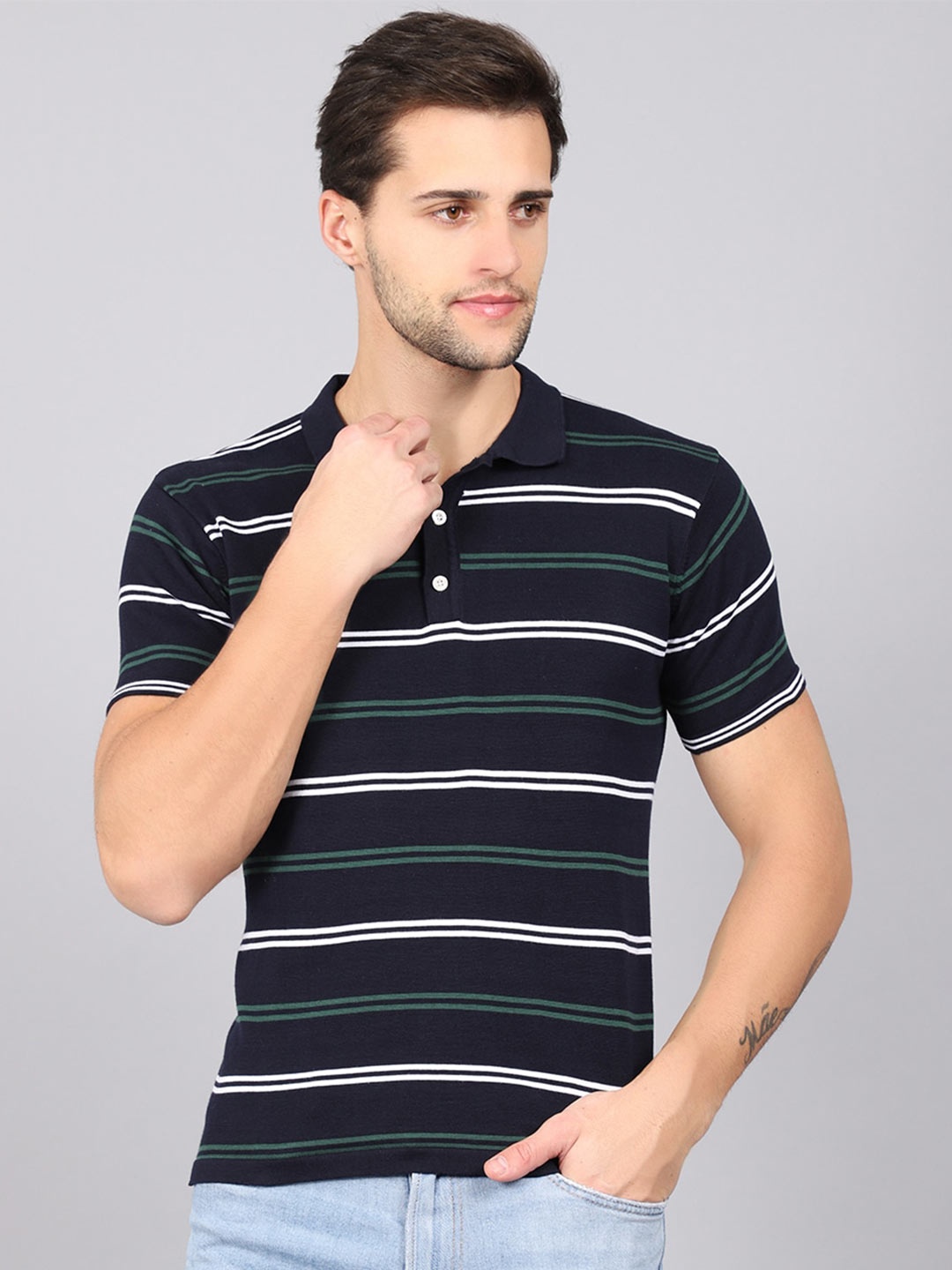 

Cantabil Men Navy Blue Striped Polo Collar T-shirt