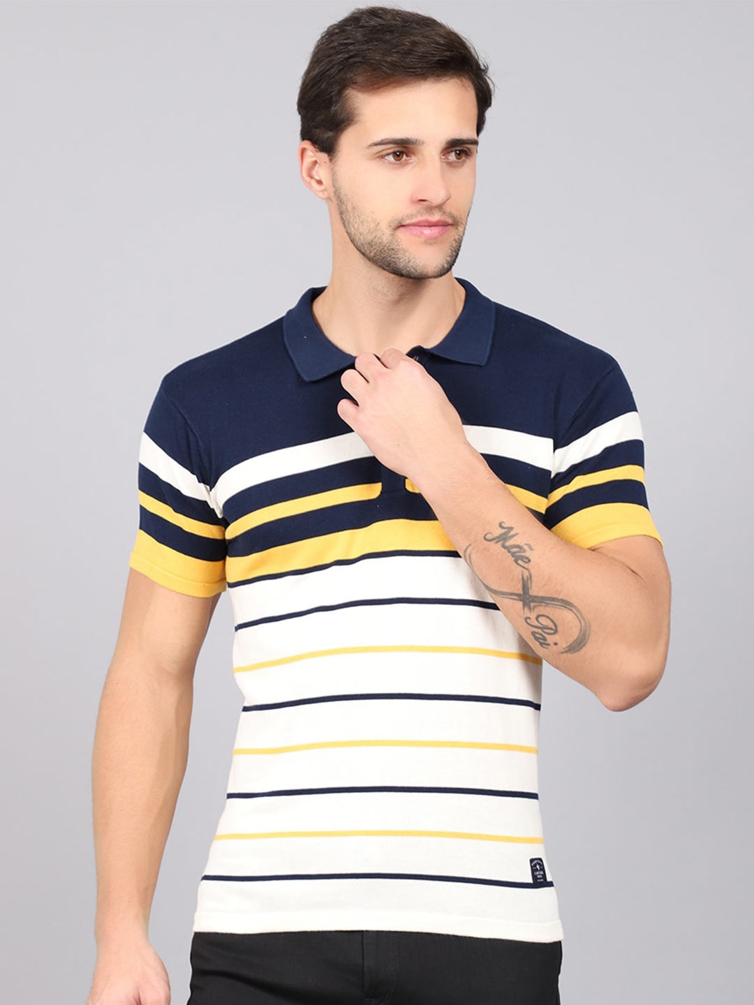 

Cantabil Men Yellow & White Striped Polo Collar T-shirt