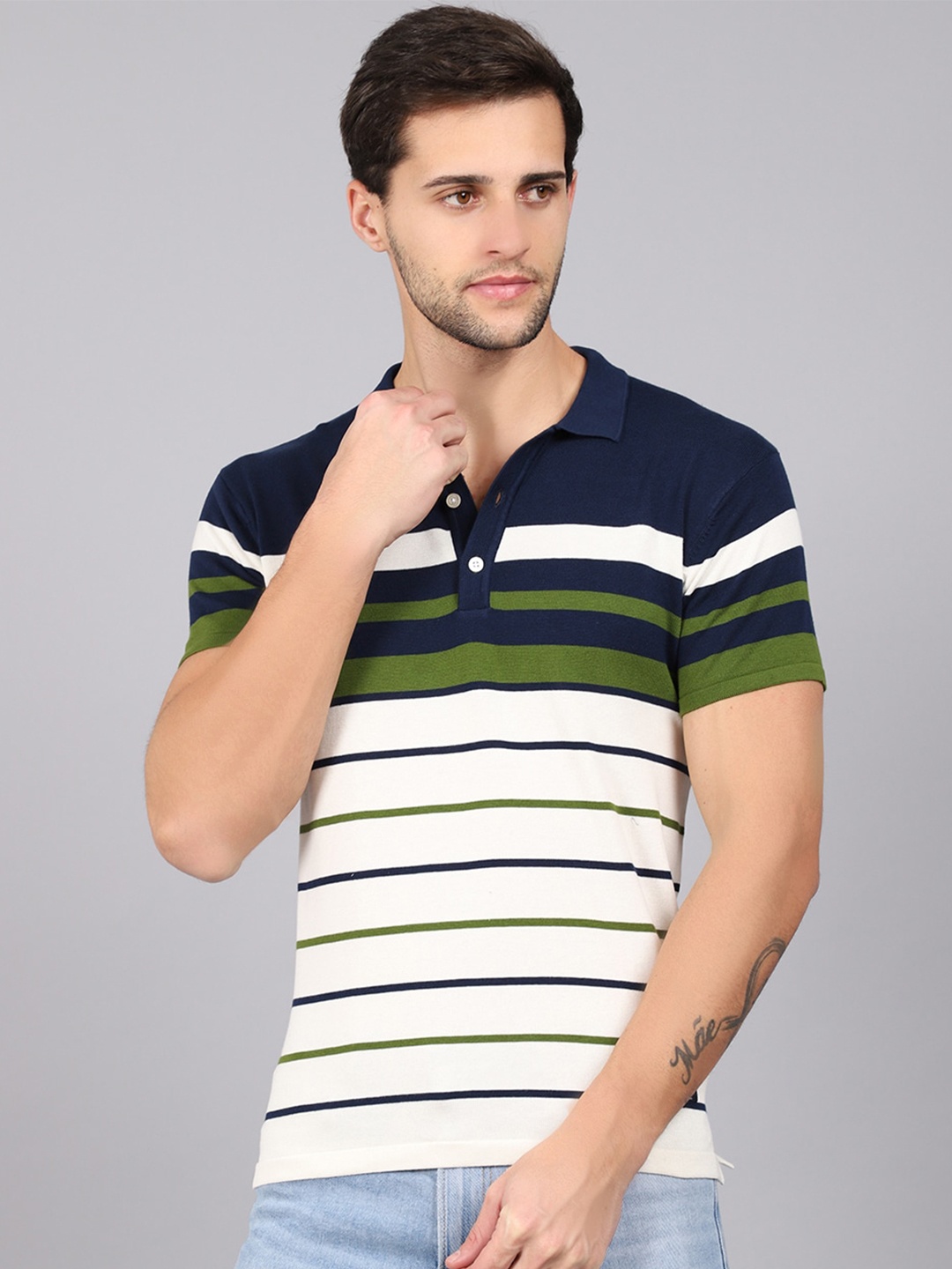 

Cantabil Men Green & White Striped Polo Collar T-shirt