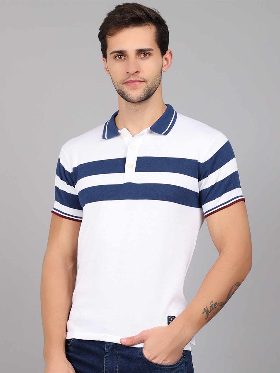 

Cantabil Men White & Blue Striped Polo Collar T-shirt