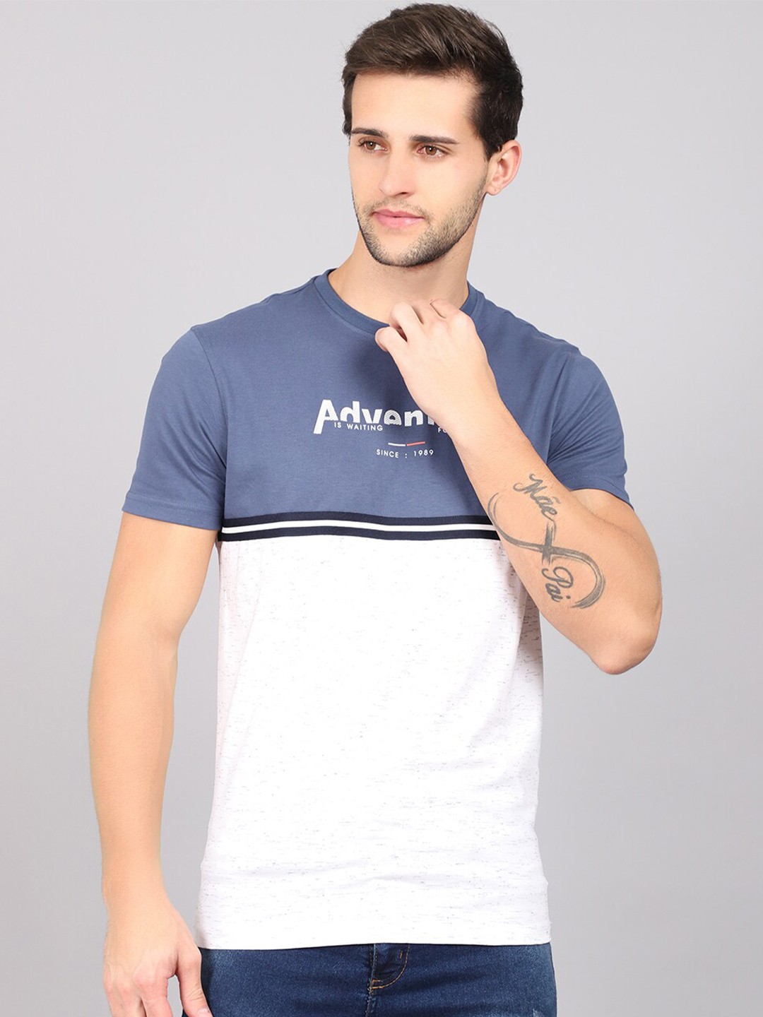 

Cantabil Men White & Blue Colourblocked T-shirt