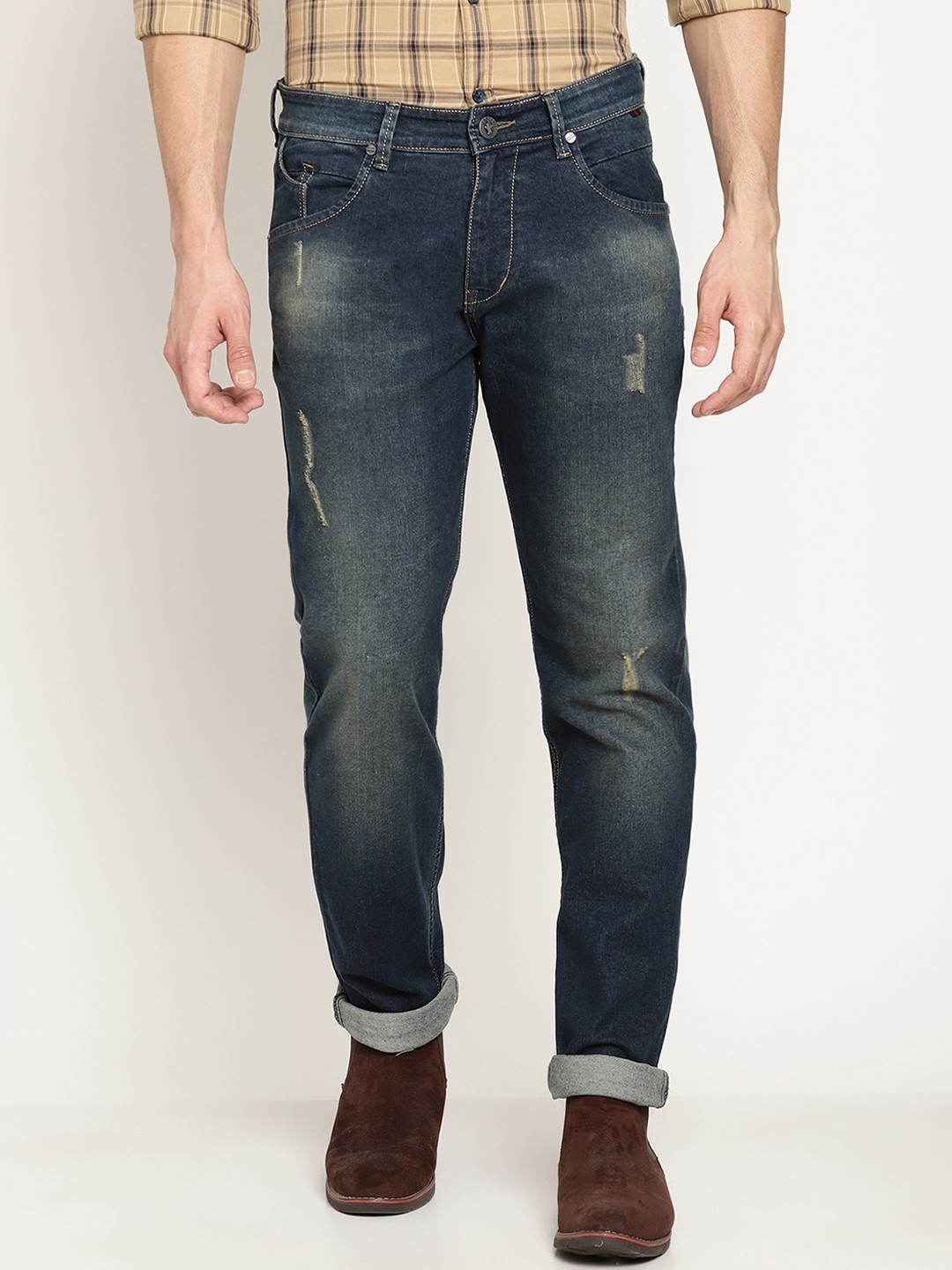 

Cantabil Men Regular Fit Blue Mildly Distressed Heavy Fade Jeans