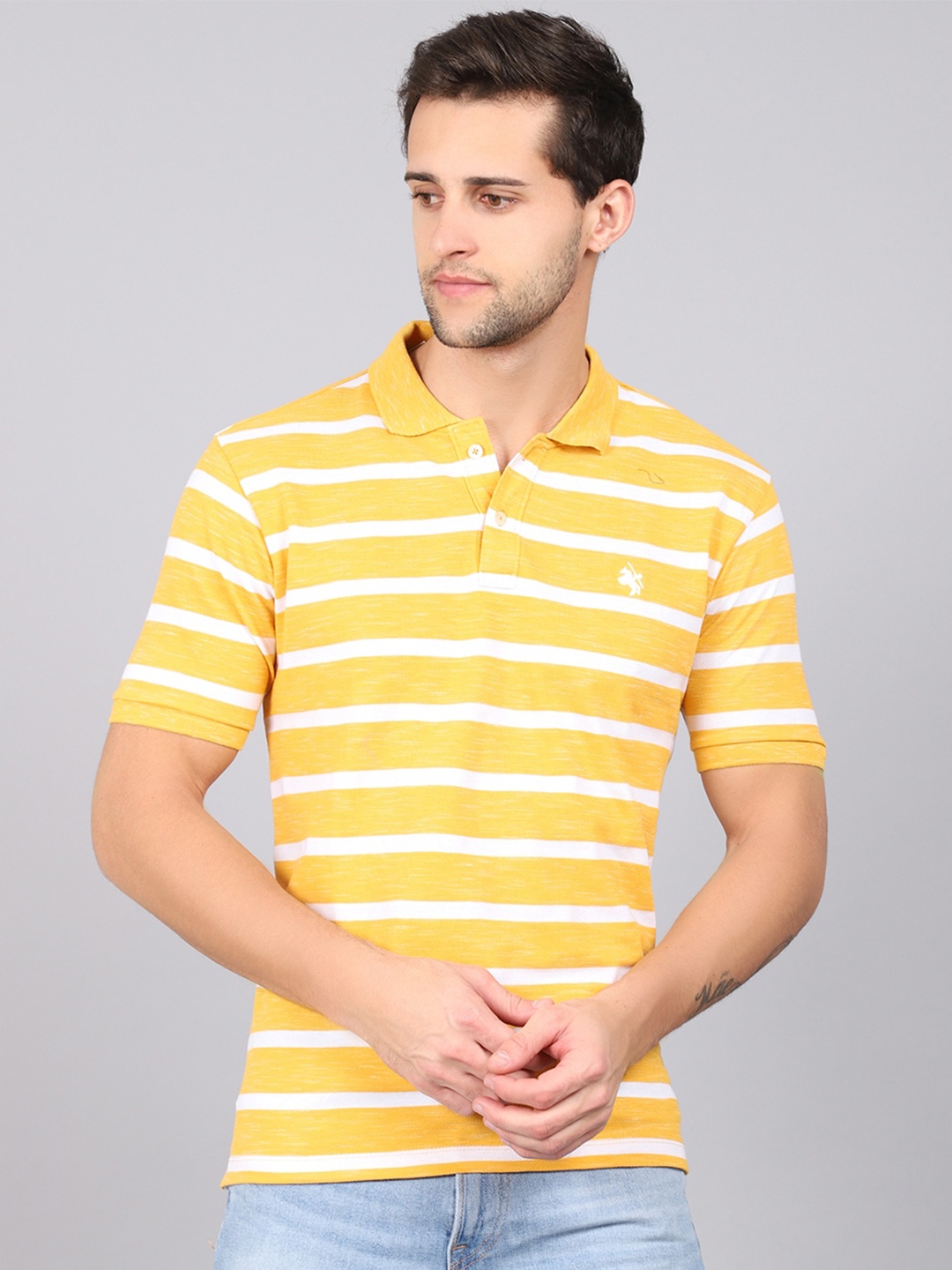 

Cantabil Men Yellow & White Striped Polo Collar T-shirt