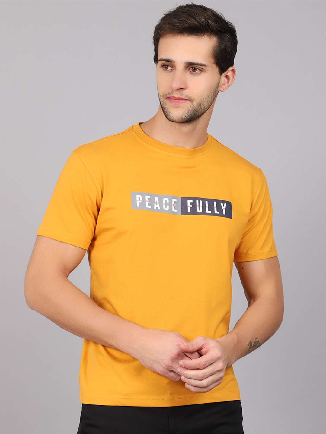 

Cantabil Men Mustard Yellow Typography Printed T-shirt