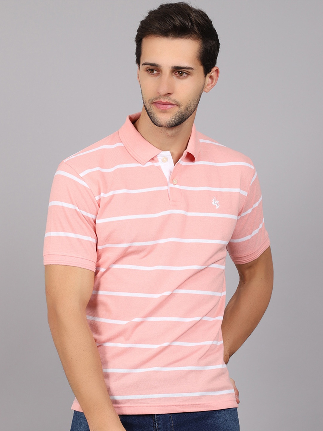 

Cantabil Men Pink Striped Polo Collar T-shirt