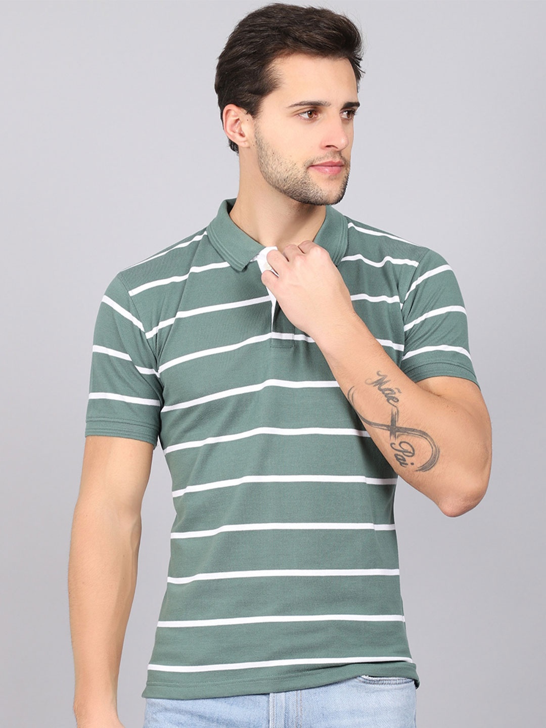 

Cantabil Men Green Striped Polo Collar T-shirt