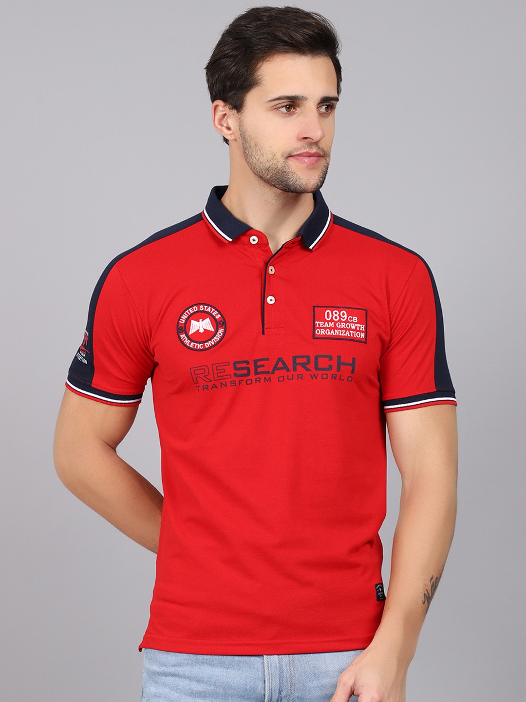Cantabil Men Red Typography Printed Polo Collar T-shirt