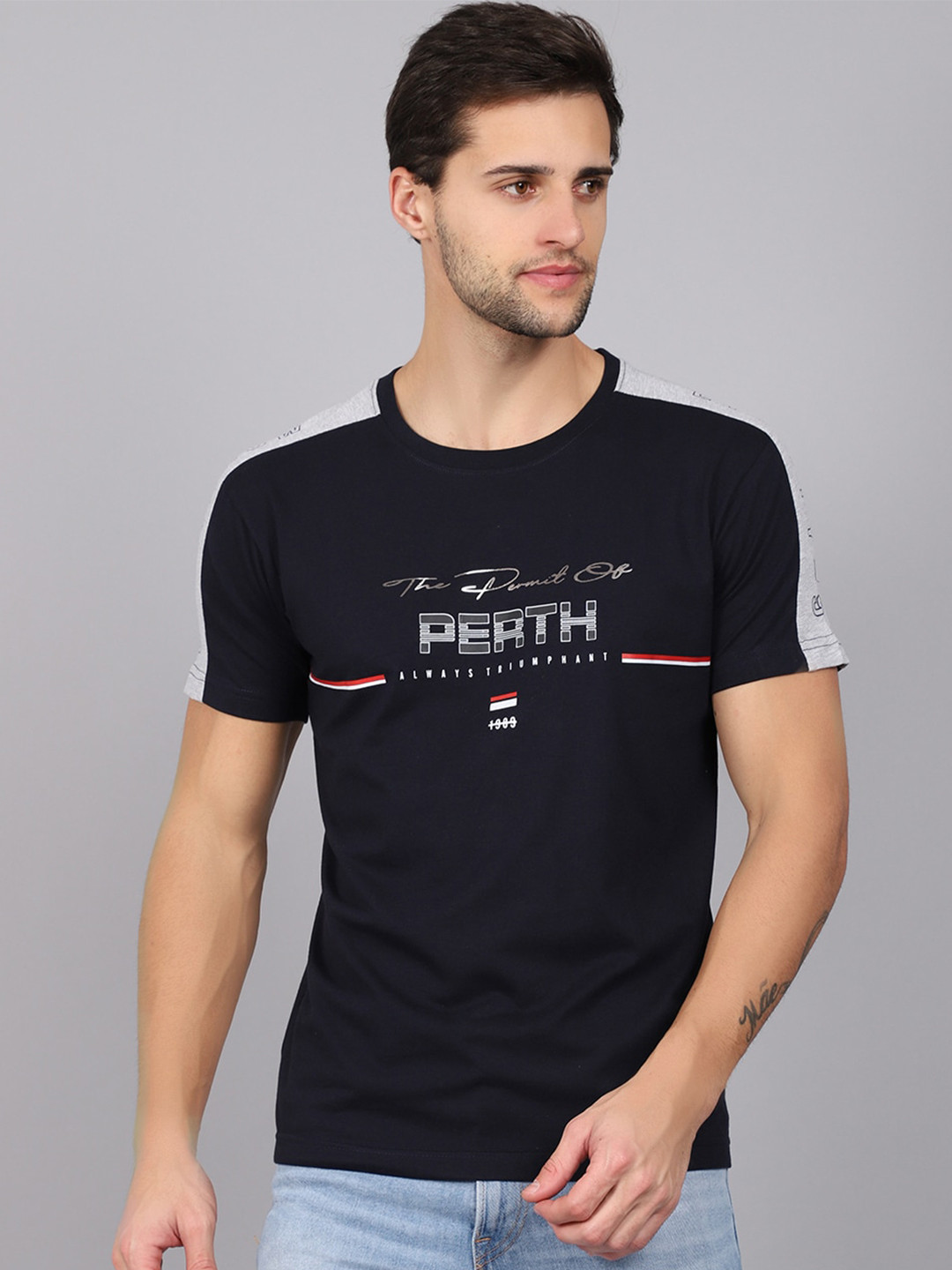 

Cantabil Men Navy Blue Typography Printed T-shirt