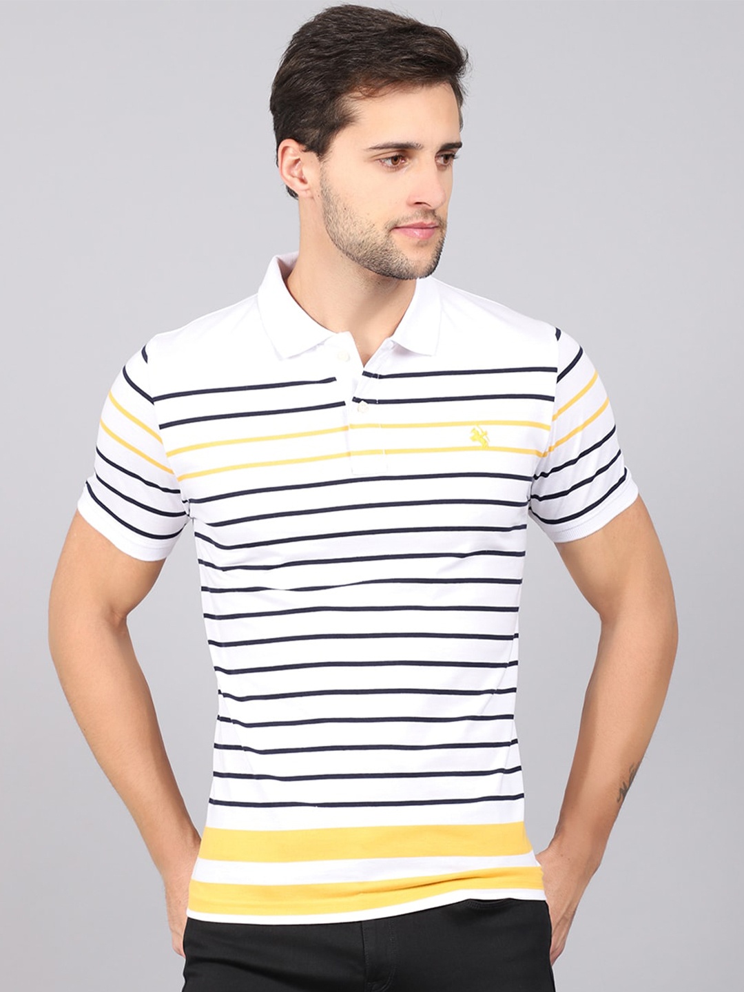 

Cantabil Men White & Yellow Striped Polo Collar T-shirt