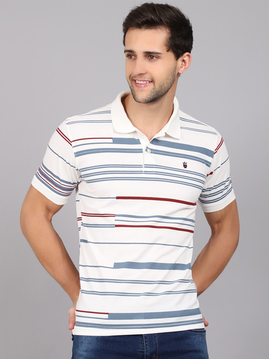 

Cantabil Men White & Red Striped Polo Collar T-shirt