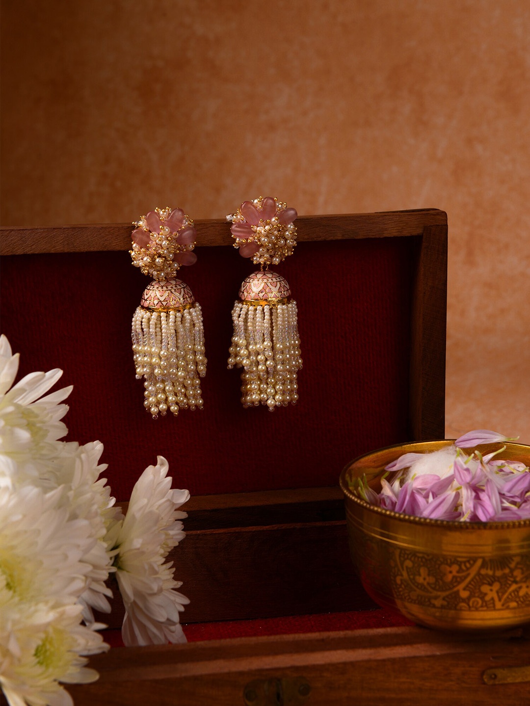 

D'oro Pink & White Gold-Plated Classic Jhumkas Earrings