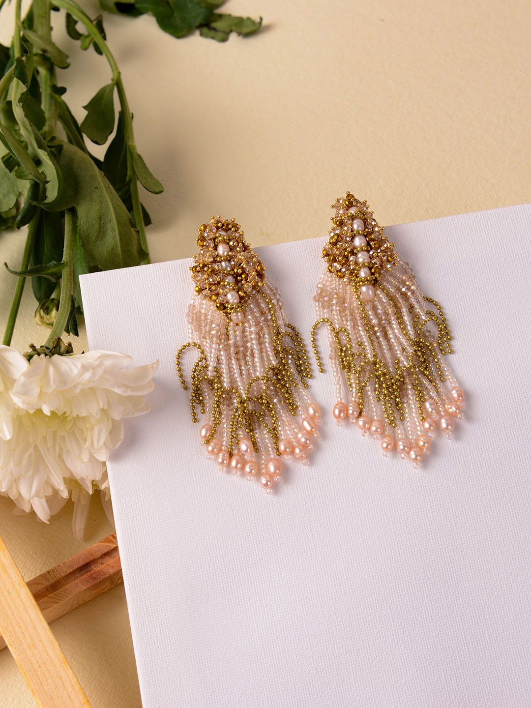 

D'oro Women Pink Contemporary Unique Pearl Danglers Earrings