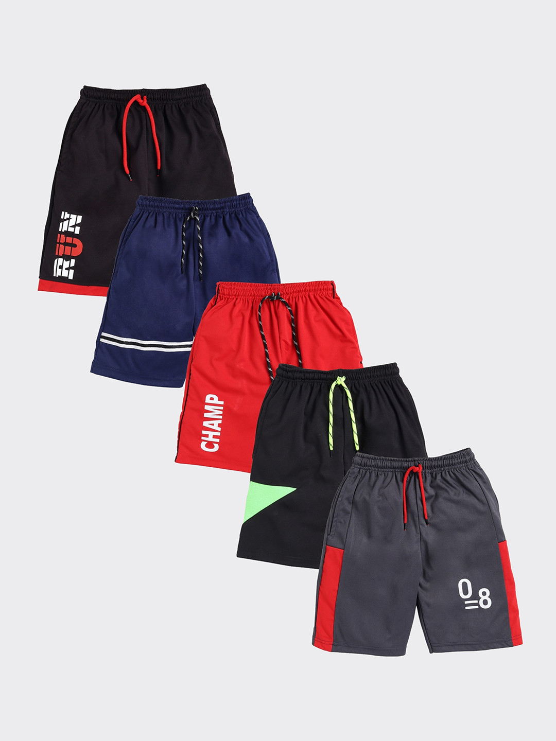 

Toonyport Boys Black, Red & Blue Set Of 5 Typography Printed Tencel Outdoor Shorts