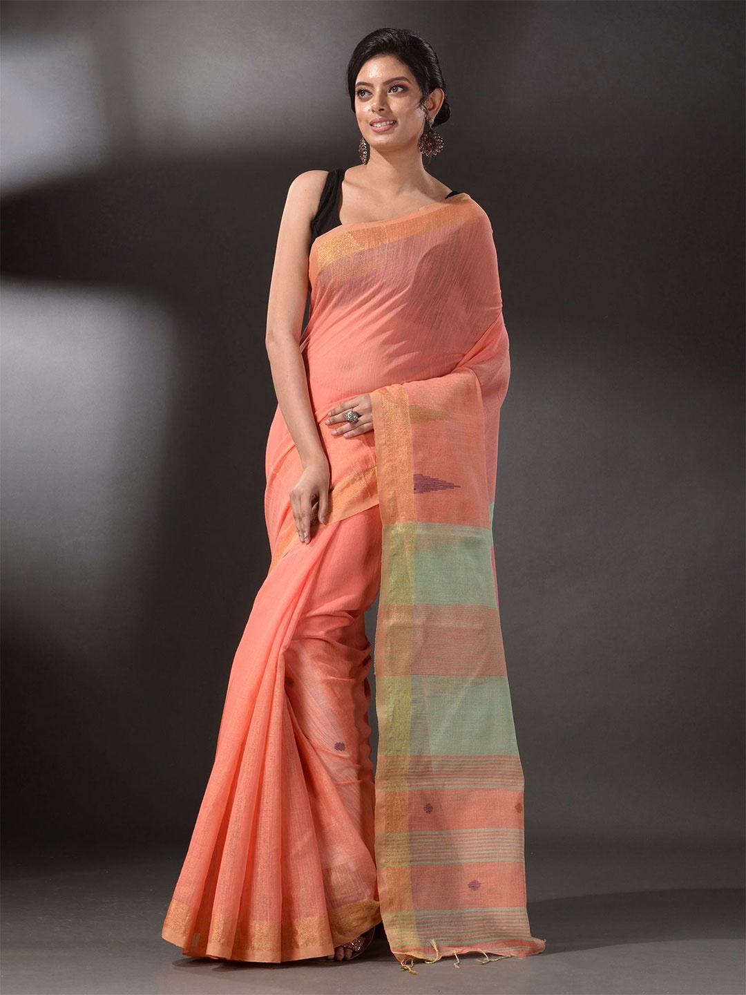 

Arhi Orange & Green Woven Design Cotton Blend Zari Saree