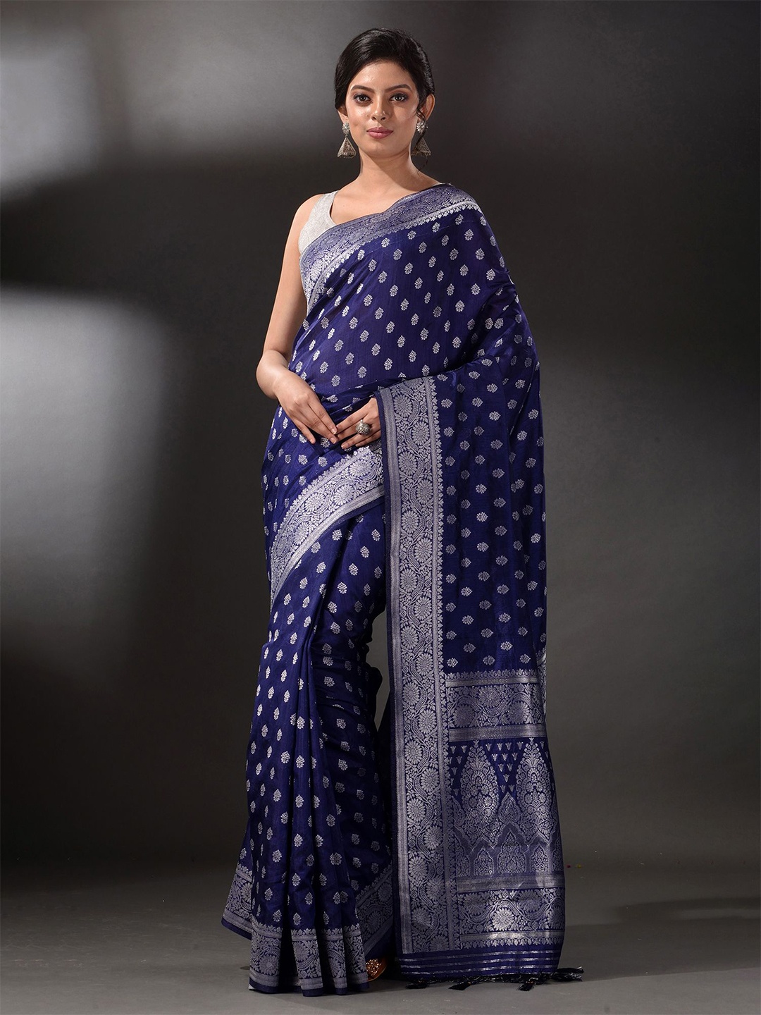 

Arhi Blue & Silver-Toned Woven Design Brocade Saree