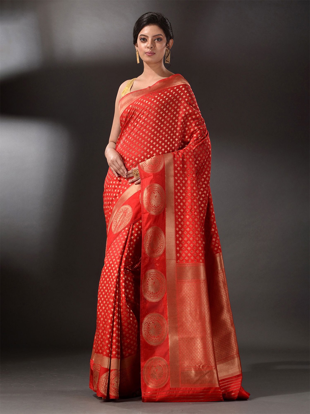 

Arhi Red & Gold-Toned Woven Design Zari Brocade Saree