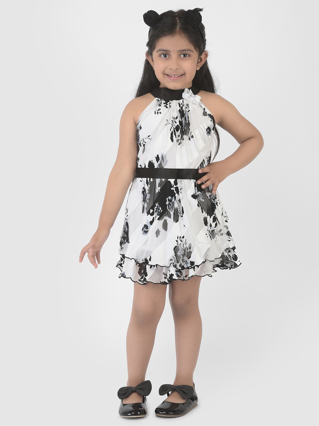 

YK Black Floral Chiffon Dress with a Belt