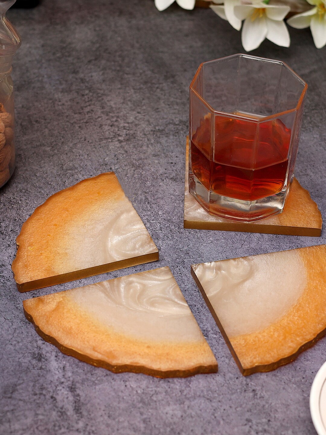 

DULI Set Of 4 Cream-Colored & Orange Triangular Resin Coasters