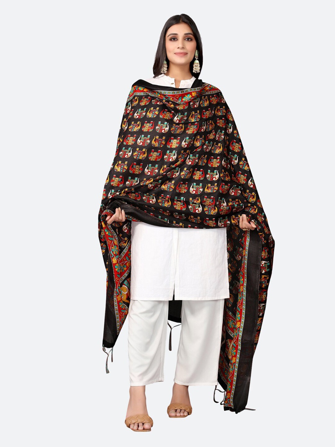 

SIRIL Black & Red Ethnic Motifs Printed Dupatta