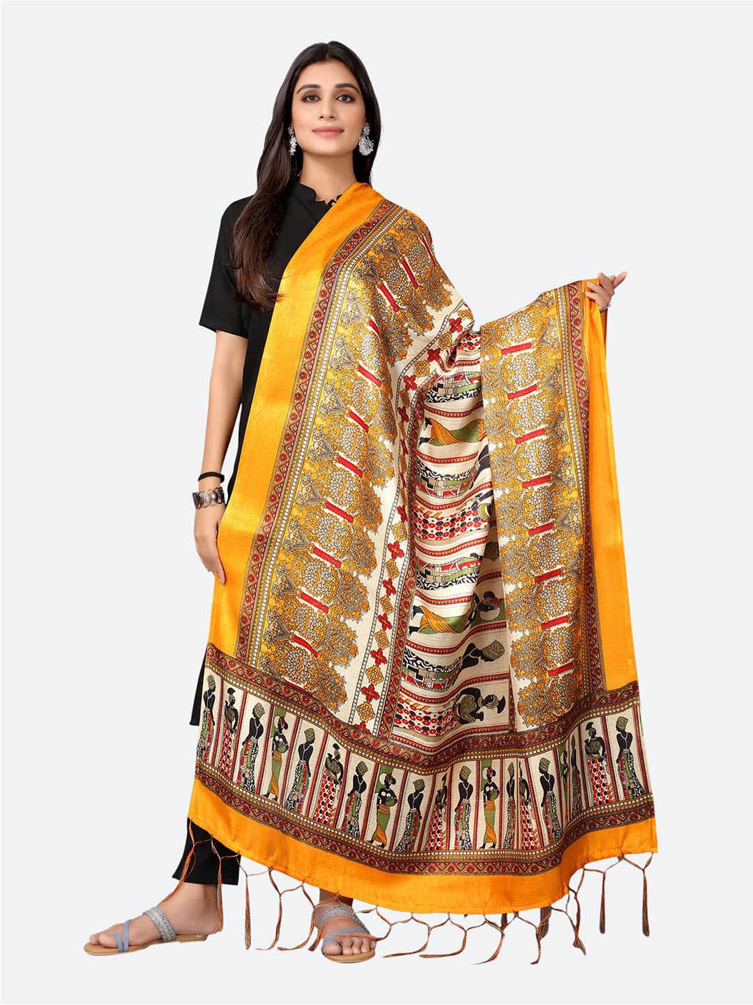 

SIRIL Cream-Coloured & Yellow Ethnic Motifs Printed Dupatta
