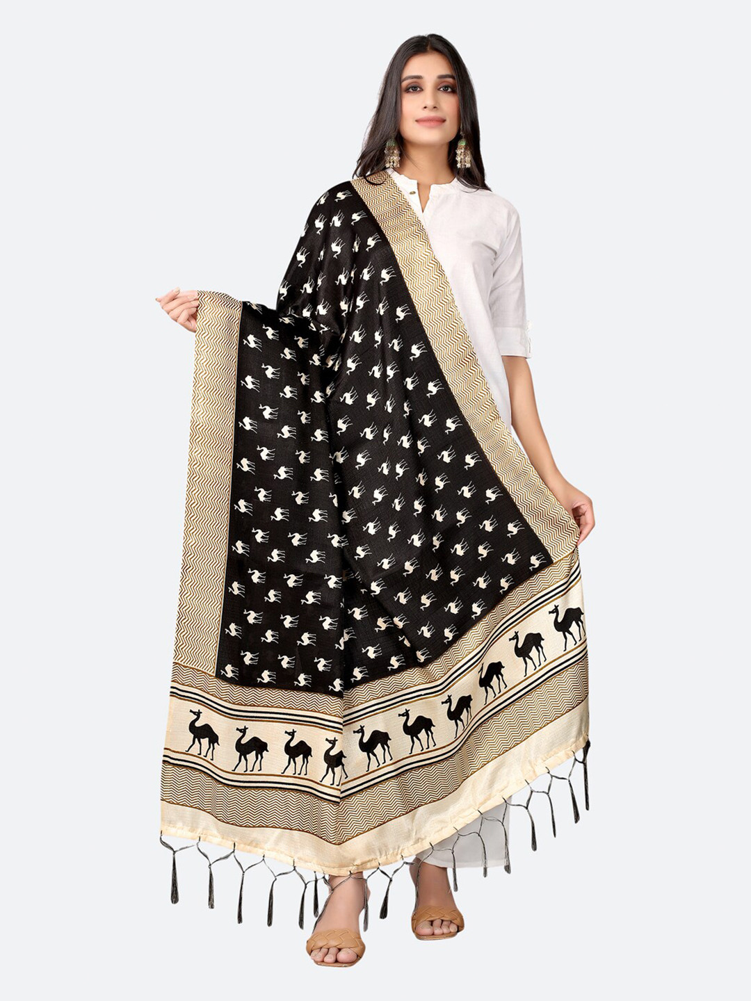 

SIRIL Black & Cream-Coloured Ethnic Motifs Printed Dupatta