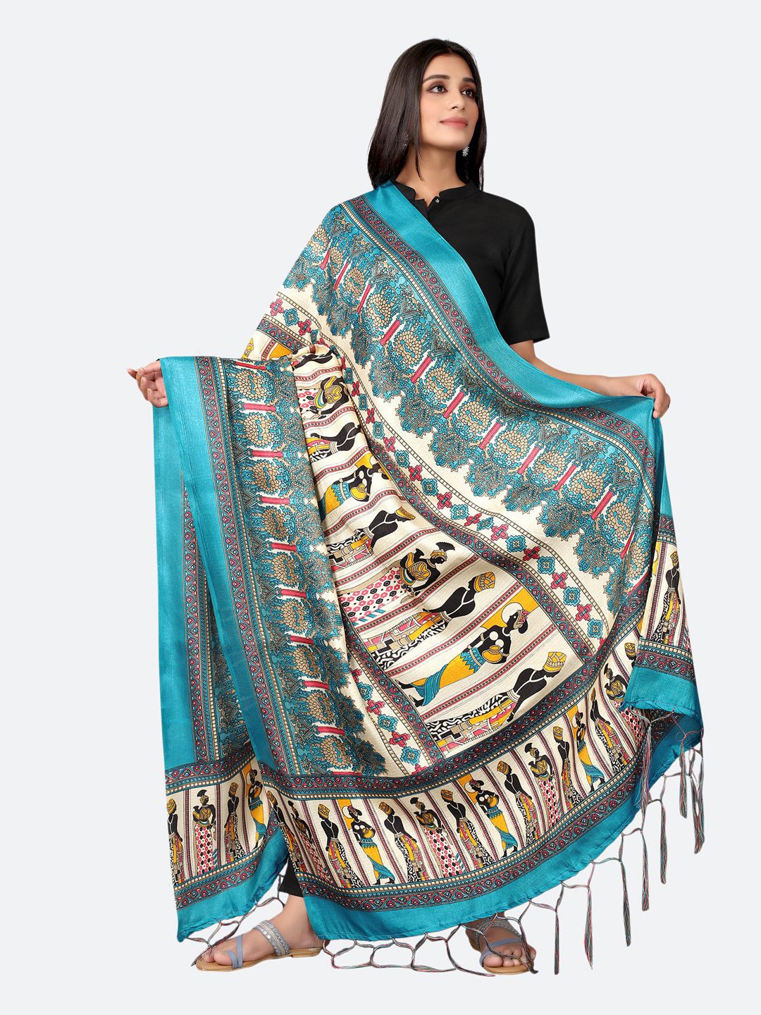 

SIRIL Cream-Coloured & Blue Ethnic Motifs Printed Dupatta