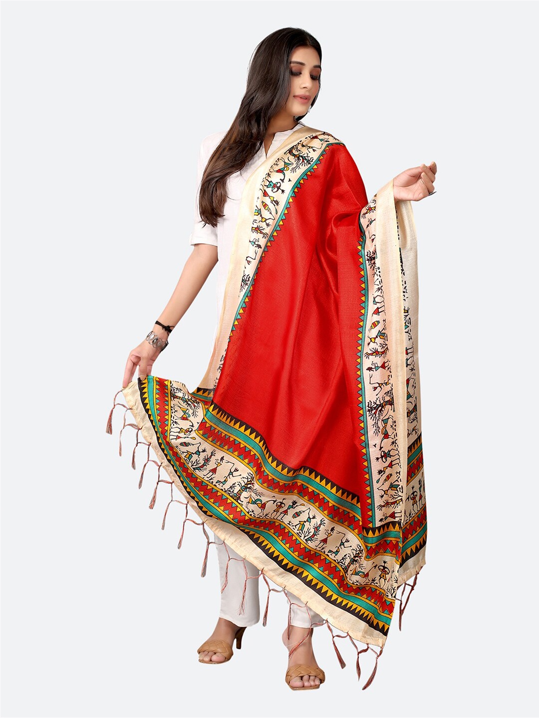 

SIRIL Red & White Ethnic Motifs Printed Dupatta
