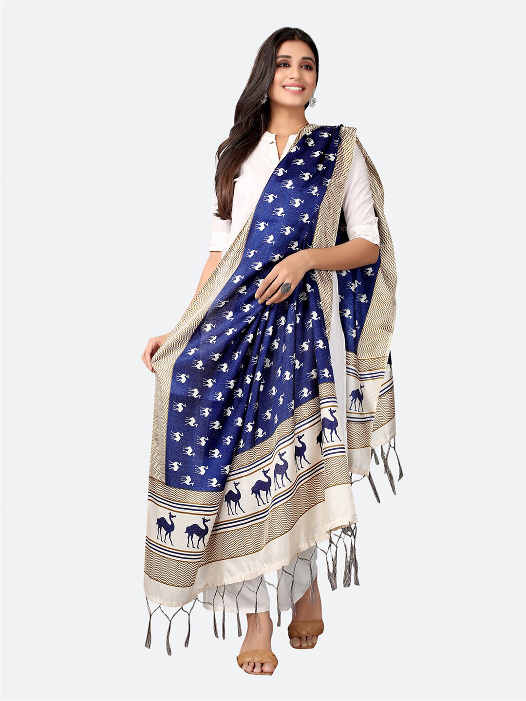 

SIRIL Navy Blue & White Ethnic Motifs Printed Dupatta