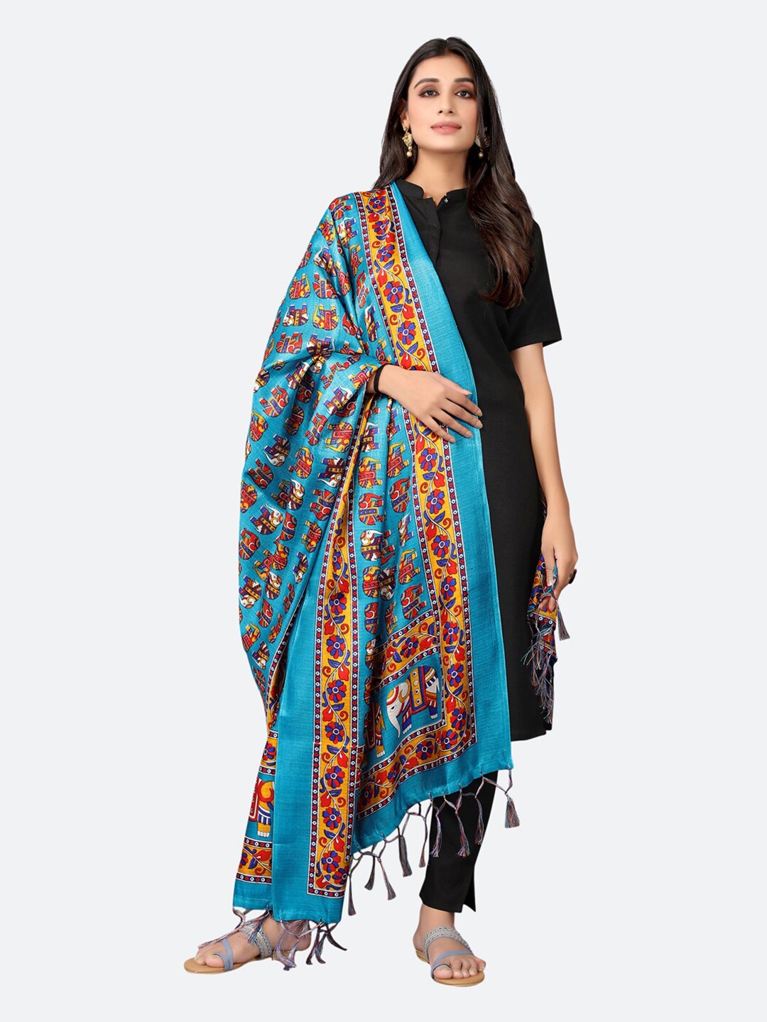 

SIRIL Blue & Orange Ethnic Motifs Printed Dupatta