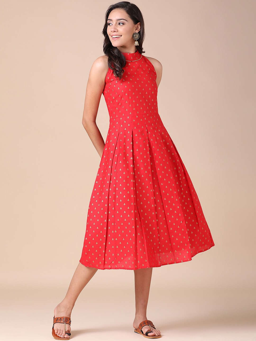

J Turritopsis Women Red Choker Neck Cotton Midi Dress