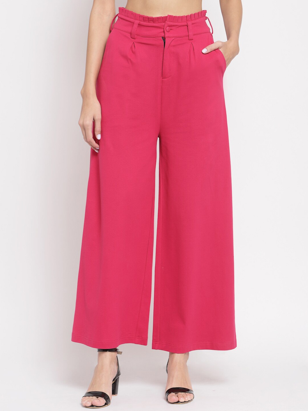 

YOONOY Pink Knitted Cotton Wide Leg Palazzos