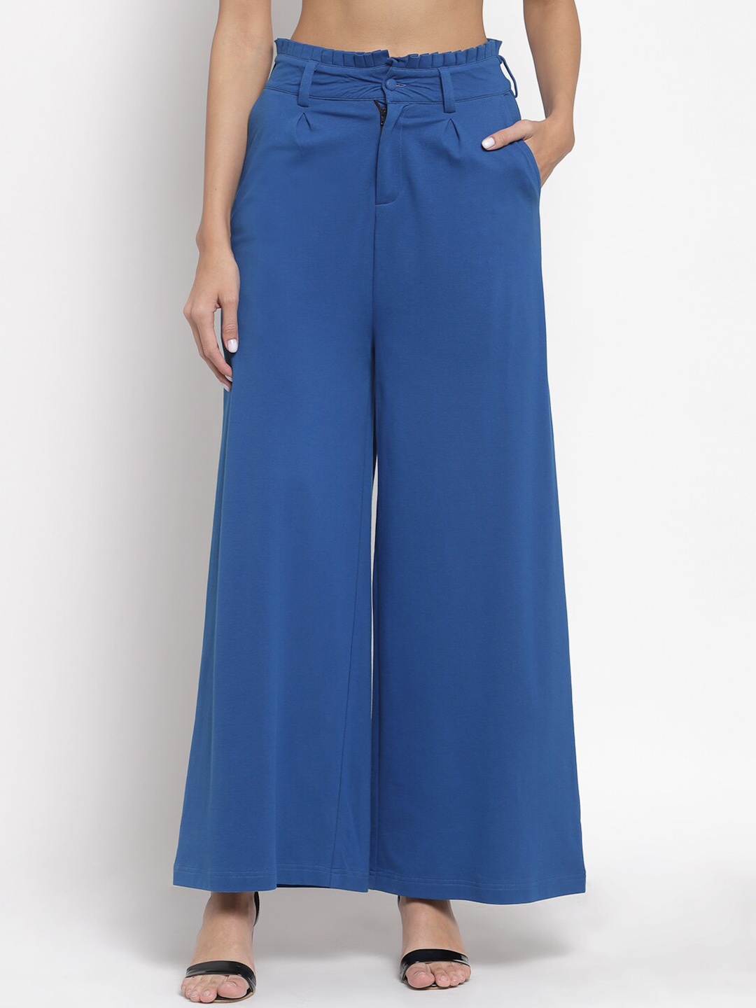 

YOONOY Blue Knitted Cotton Wide Leg Palazzos