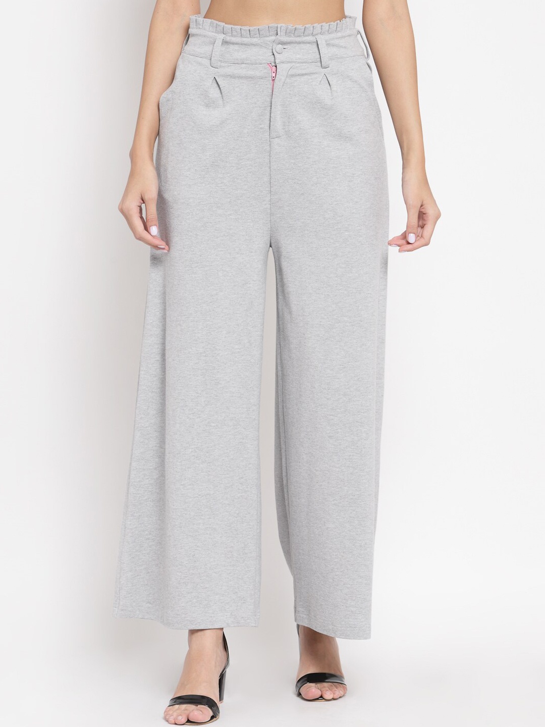 

YOONOY Grey Knitted Cotton Wide Leg Palazzos