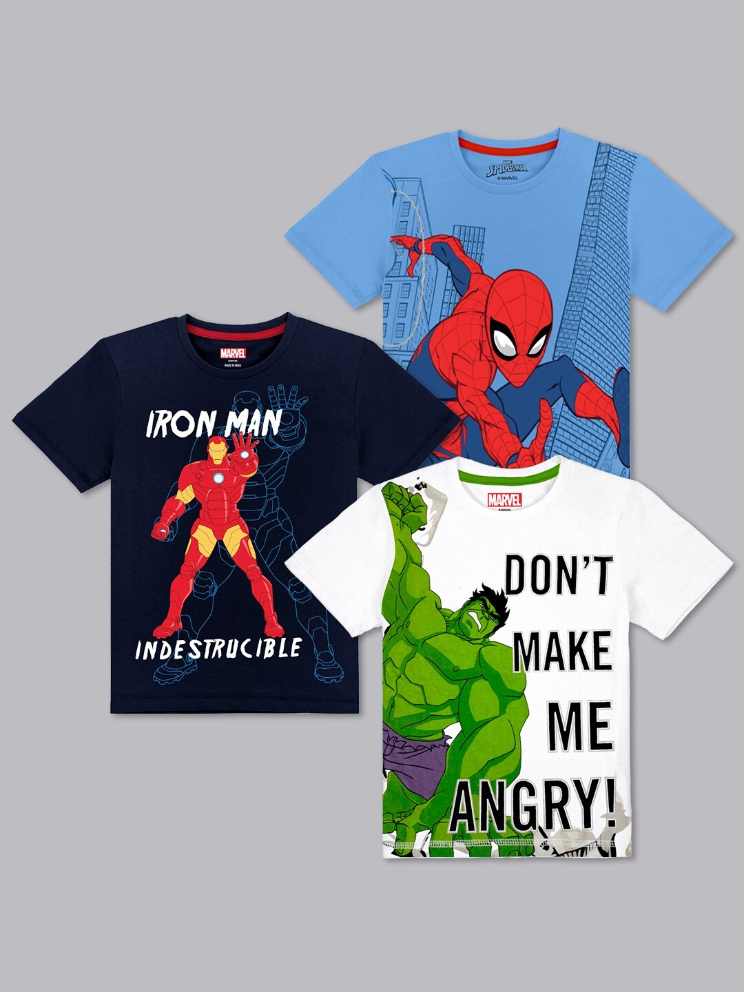 

Kids Ville Boys Blue & White Pack of 3 Marvel Avengers Printed Pure cotton T-shirt