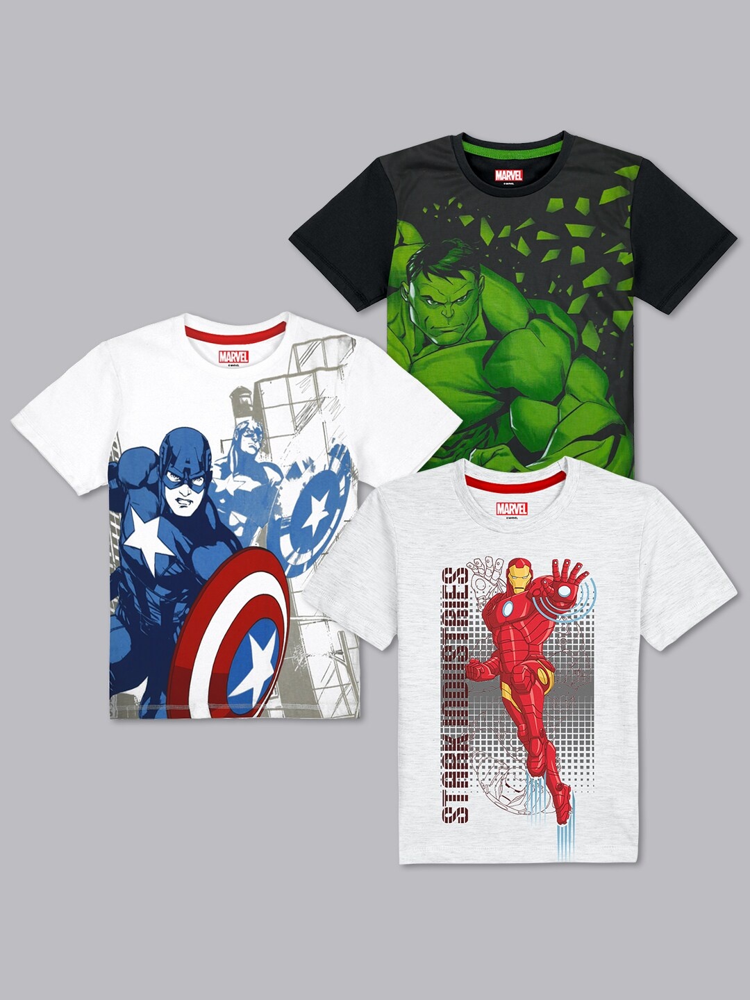 

Kids Ville Boys White & Grey Pack of 3 Marvel Printed Pure cotton T-shirt