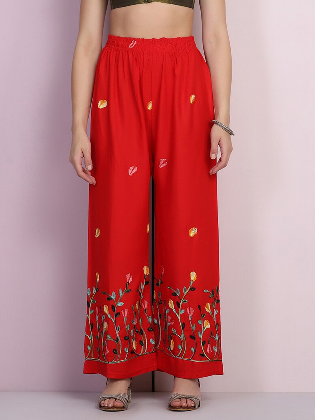 

BUY NEW TREND Red & Green Floral Embroidered Knitted Ethnic Palazzos