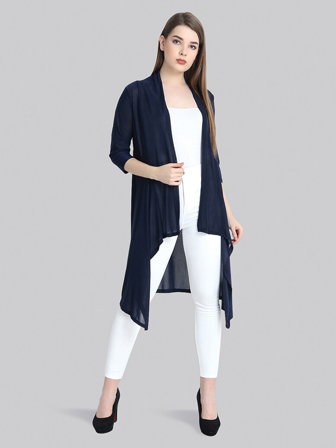 

BUY NEW TREND Women Navy Blue Long Line Asymmetric Shrug