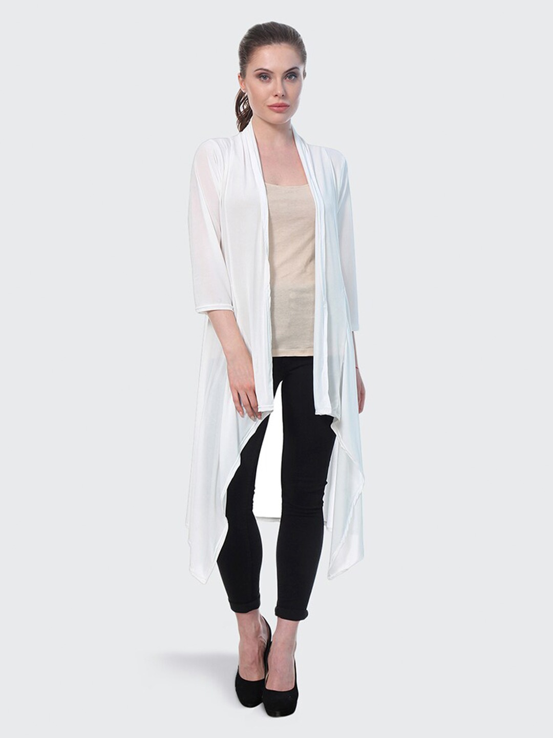 

BUY NEW TREND Women White Solid Longline Open Front Shrug