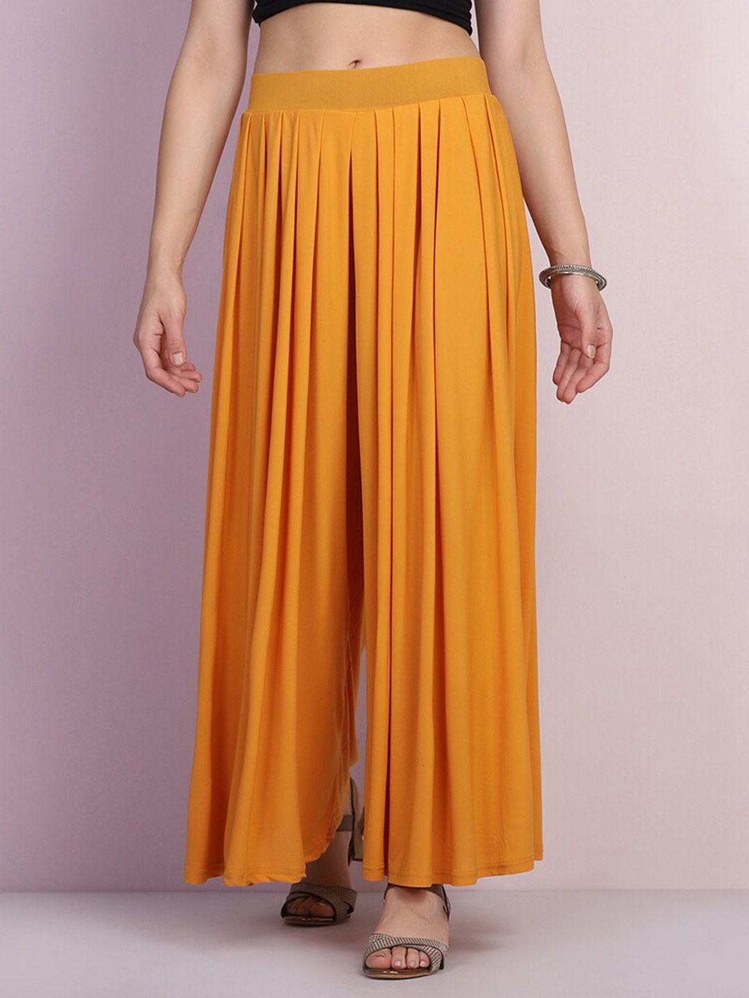 

BUY NEW TREND Women Yellow Pleated Flared Knitted Palazzos