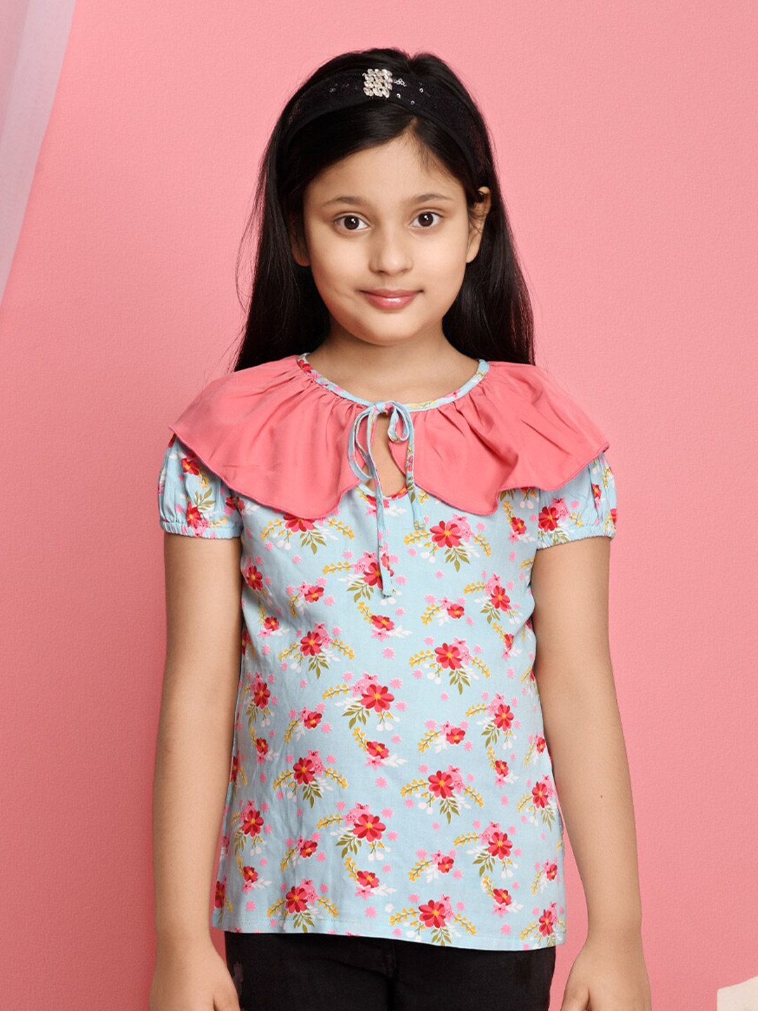 

LilPicks Girls Blue & Green Floral Print Peter Pan Collar Crepe Top