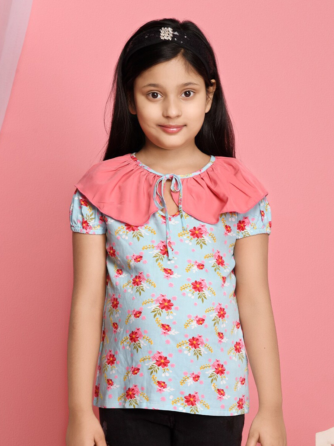 

LilPicks Girls Blue & Green Floral Print Peter Pan Collar Top