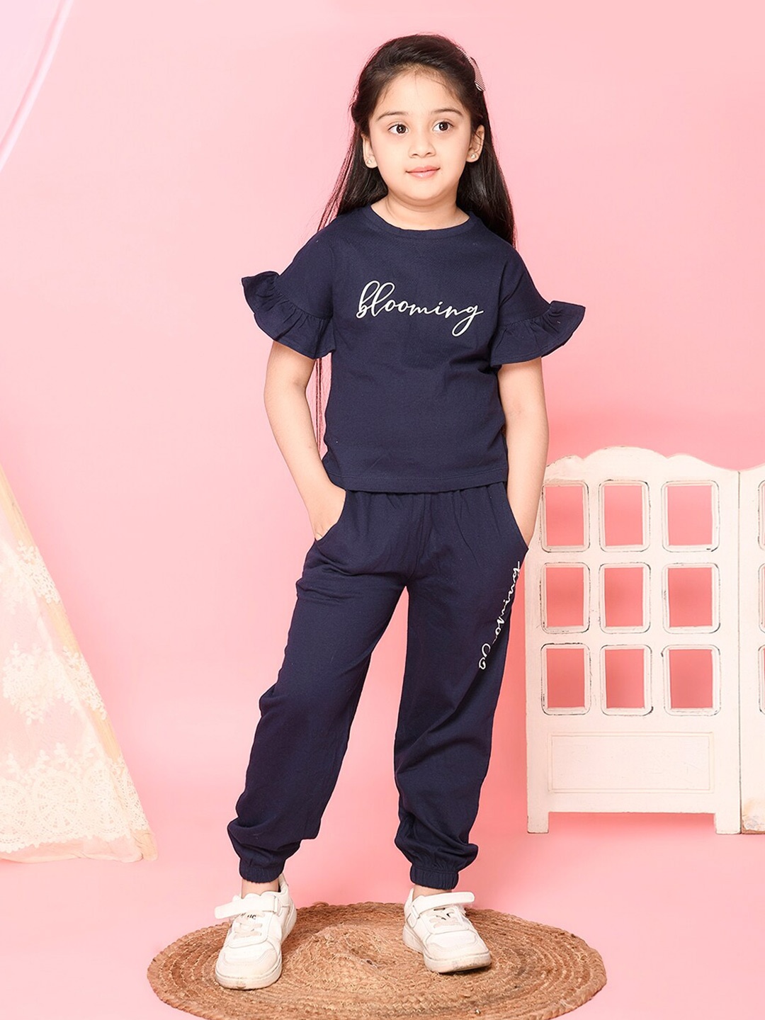 

LilPicks Girls Navy Blue Printed Top with Trousers